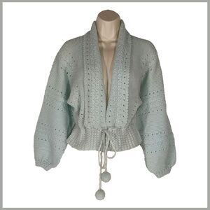 Vintage Handmade Crochet Cardigan Mint Green Tie Waist Pom Pom Cottagecore